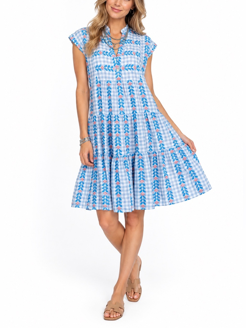 Uncle Frank sleeveless blue and white gingham tiered dress embroidery Size S